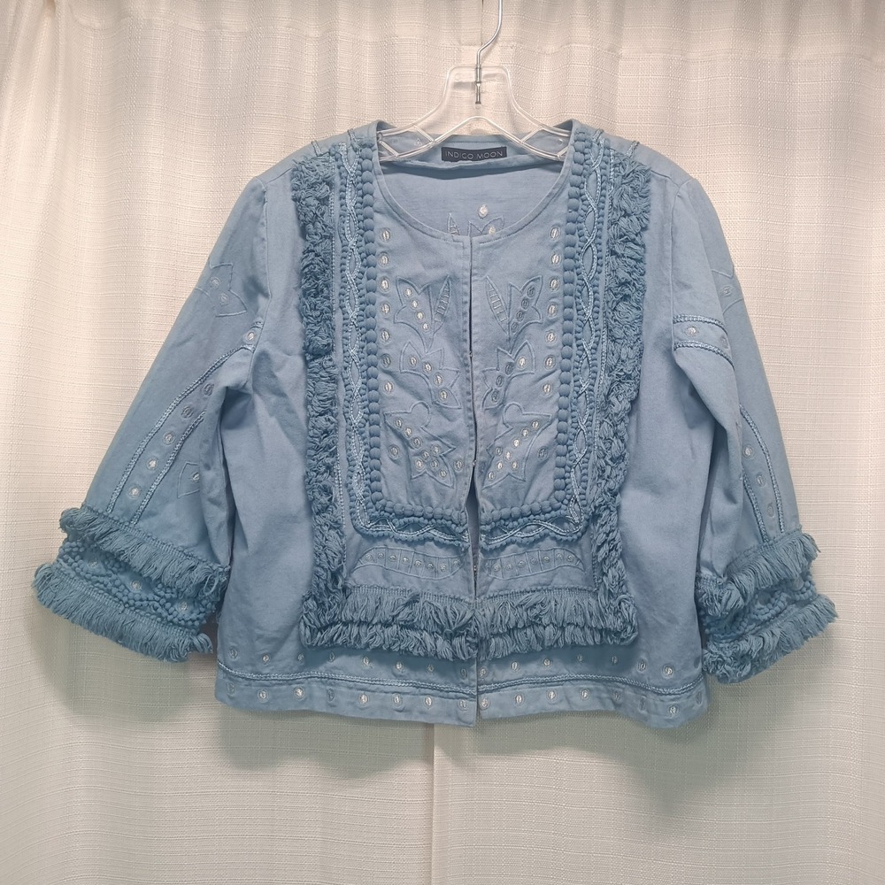 Indigo Moon Womens Blue Embroidered Fringe Boho Cotton Jacket Medium Cottagecore